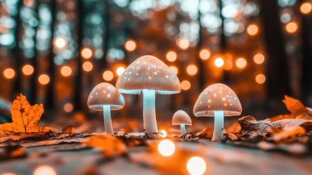 Experience the enchanting beauty of glowing mushrooms in a serene forest setting, with soft lights and autumn leaves creating a magical atmosphere.の素材