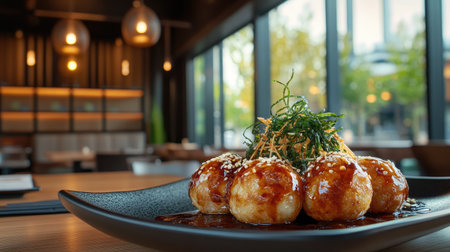 A beautifully arranged plate of savory Asian cuisine, featuring round dumplings drizzled with sauce and garnished with fresh herbs, perfect for dining.の素材
