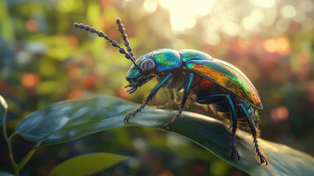 A stunning close-up of a vibrant beetle perched on a lush leaf, set against a soft, blurred background, reflecting the beauty of nature in warm sunlight.の素材