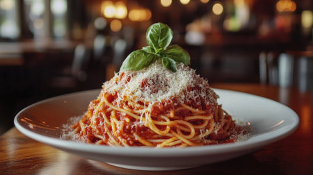 A mouthwatering plate of spaghetti topped with rich tomato sauce, freshly grated cheese, and a sprig of basil, perfect for any dining occasion.の素材