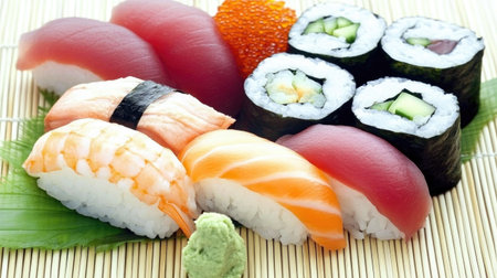 Enjoy a stunning assortment of fresh sushi featuring vibrant colors and various textures on a bamboo mat, perfect for any culinary experience.の素材