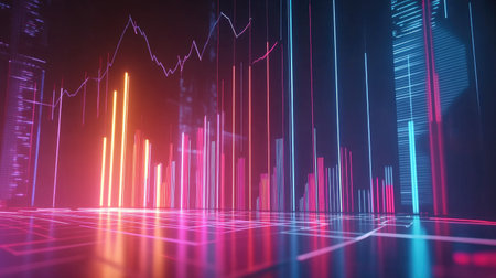 A stunning neon data visualization featuring graphs and charts in vibrant colors, perfect for illustrating financial and business analytics in a modern digital environment.の素材