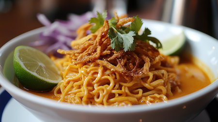 A vibrant bowl of noodle soup topped with cilantro, lime, and crispy onions, perfect for any meal. Enjoy the rich flavors and fresh ingredients!の素材
