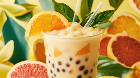 A vibrant and refreshing citrus bubble tea featuring orange, lemon, and grapefruit, topped with fruit slices and basil leaves, perfect for summer enjoyment.の素材