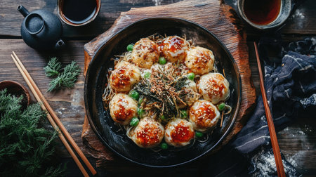 A beautifully arranged plate of dumplings drizzled with sauce and garnished with herbs, showcasing the vibrant colors and textures of Asian cuisine.の素材