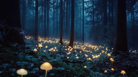 A magical night scene featuring glowing mushrooms illuminating a serene forest. The enchanting light creates a mystical atmosphere amidst the tall trees.の素材