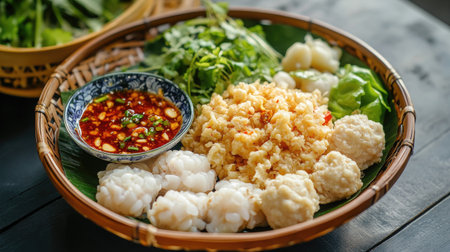A beautiful arrangement of fresh ingredients in a wicker basket, featuring vibrant herbs, vegetables, and a bowl of sauce, perfect for culinary dishes.の素材
