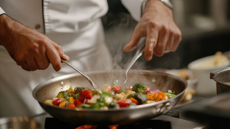 A chef skillfully prepares a vibrant mix of fresh vegetables in a kitchen, showcasing the art of cooking with steam rising from the pan and flavors coming together.の素材