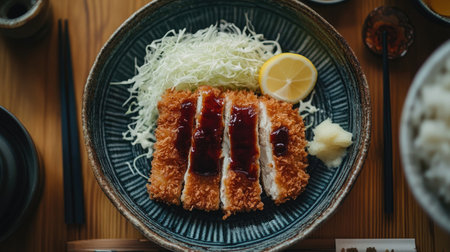 A delicious crispy chicken cutlet served with cabbage, a lemon slice, and sauce on a stylish plate. Perfect for food lovers and culinary enthusiasts.の素材