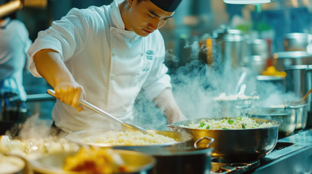 A dedicated chef skillfully prepares aromatic Asian dishes in a bustling restaurant kitchen, showcasing the artistry and passion behind culinary creations.の素材