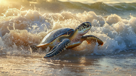 A majestic sea turtle gracefully emerges from the ocean waves at sunrise, capturing the beauty and tranquility of nature's delicate balance on the shoreline.の素材