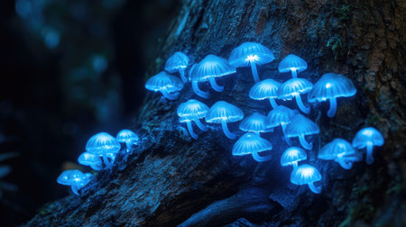 A captivating scene of glowing blue mushrooms sprouting from a tree trunk in a dark forest, creating a mystical and enchanting atmosphere.の素材