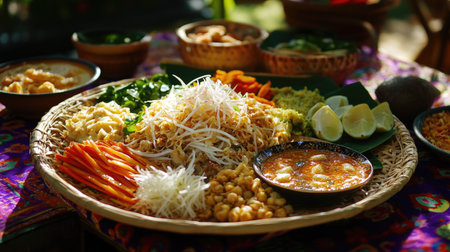 A beautifully arranged platter of vibrant Asian cuisine featuring fresh vegetables, herbs, and enticing flavors, perfect for outdoor dining and gatherings.の素材