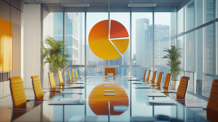 Bright and modern conference room featuring a large glass window and a creative pie chart design. An ideal space for business meetings and teamwork.の素材
