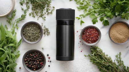 A stylish black container surrounded by an array of fresh herbs and spices, featuring thyme, parsley, and various seasonings, ideal for culinary inspiration.の素材