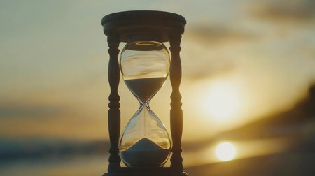 A beautiful hourglass stands against a stunning sunset at the beach, symbolizing the passage of time and evoking feelings of tranquility and reflection.の素材