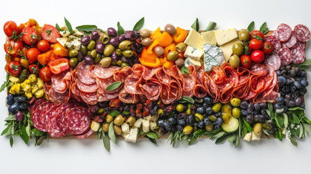 A vibrant charcuterie board featuring an array of meats, cheeses, olives, and fresh produce. Perfect for gatherings, parties, or casual dining experiences.の素材
