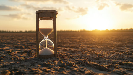 An hourglass filled with sand rests on dry soil, illuminated by the warm glow of a sunset. This image symbolizes the passage of time and the beauty of nature.の素材