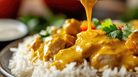 Enjoy a delicious plate of chicken curry served over fluffy rice, garnished with fresh herbs. This flavorful dish is perfect for any meal.の素材