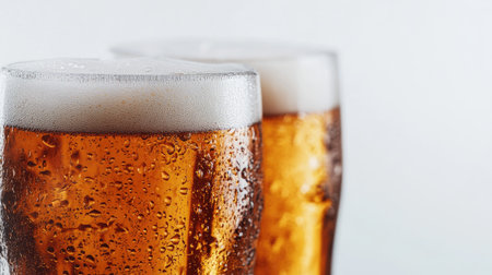 Two glasses of cold amber beverage with foam showcase condensation and bubbles. Perfect for summer gatherings, parties, or casual moments.の素材