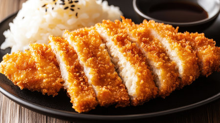 Golden and crispy fried chicken cutlets served with fluffy rice and dipping sauce, perfect for a satisfying meal or a flavorful snack.の素材