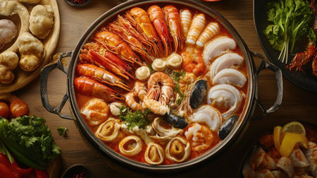 A vibrant seafood platter featuring a variety of shrimp, lobster, and shellfish in a rich broth, perfect for a gourmet dining experience. Fresh and colorful.の素材