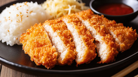 Enjoy a delicious serving of crispy fried chicken paired with fluffy rice and savory sauces. This meal captures the essence of comfort food.の素材