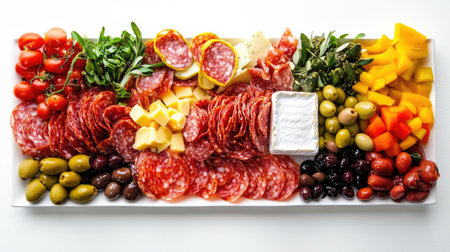 A vibrant charcuterie board featuring a variety of meats, cheeses, and fresh produce. Perfect for gatherings, entertaining, or special occasions.の素材