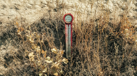 A water level meter stands in a dry terrain surrounded by wilted plants, highlighting water scarcity and the importance of resource management in agriculture.の素材