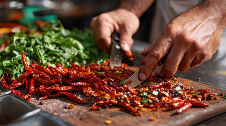 A chef's hands skillfully chop dry red chili peppers on a wooden board, surrounded by fresh herbs, showcasing vibrant colors and culinary artistry.の素材