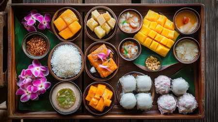 This vibrant tray features a delightful assortment of Asian desserts, showcasing tempting flavors and textures, perfect for any celebration or gathering.の素材