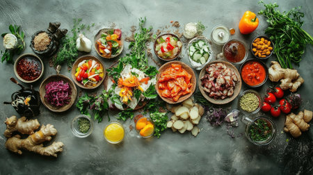 A vibrant array of fresh ingredients and vegetables arranged artistically for healthy cooking and meal prep. Ideal for culinary inspiration and healthy lifestyle themes.の素材