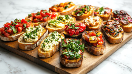 A beautifully arranged platter of assorted bruschetta featuring fresh toppings like tomatoes, herbs, and cheese on toasted bread. Perfect for gatherings!の素材
