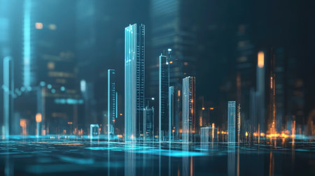 A stunning futuristic cityscape featuring glowing skyscrapers and digital elements at night, showcasing modern architecture and urban innovation.の素材