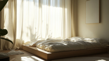 A serene minimalist bedroom bathed in natural light, featuring soft bedding and elegant wood furniture. Perfect for a tranquil and inviting atmosphere.の素材