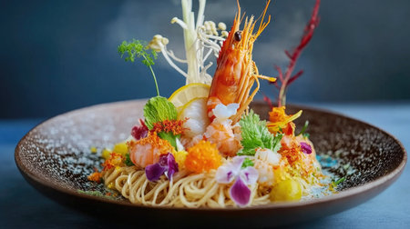 A stunning seafood pasta dish artfully garnished with colorful flowers, herbs, and fresh ingredients. Perfect for showcasing gourmet cuisine.の素材