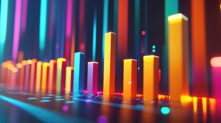 This vibrant 3D data visualization showcases colorful bars representing analytics. Ideal for technology, business, and creative themes in digital media.の素材