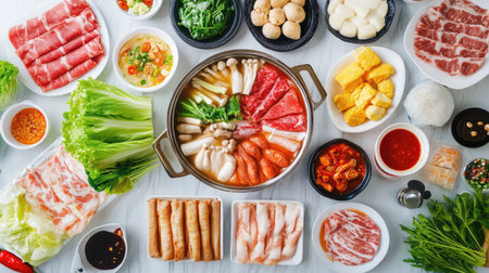 A vibrant assortment of fresh ingredients for hot pot including meats, seafood, vegetables, and spices, perfect for a communal dining experience.の素材