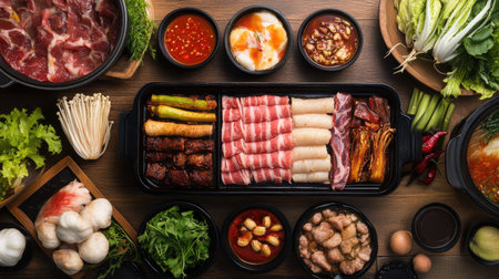 A vibrant assortment of fresh ingredients perfect for hot pot, featuring meats, vegetables, and sauces arranged beautifully for an inviting dining experience.の素材