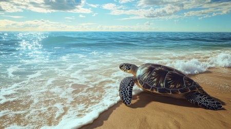 A serene scene featuring a turtle on a sandy beach, gently approaching the calm ocean waves under a bright sky. Perfect for nature and wildlife themes.の素材