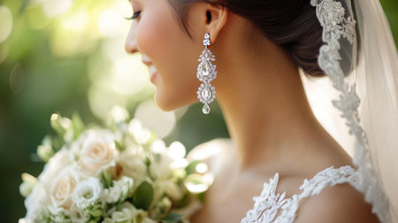 A stunning bride smiles while holding a beautiful bouquet, adorned with sparkling earrings. The soft sunlight creates a romantic ambiance for a perfect wedding moment.の素材