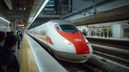 A modern high-speed train arrives at an urban station, showcasing sleek design and advanced technology. Passengers wait on the platform, illustrating daily travel.の素材