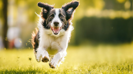 A joyful border collie plays energetically in a sunlit field, capturing the essence of freedom and happiness in nature. Perfect for pet lovers!の素材