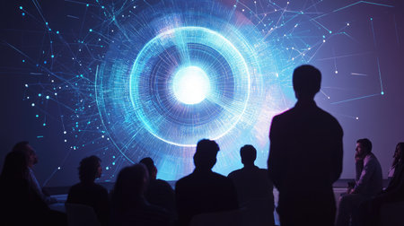 A silhouette of an audience engaging with a vivid digital projection, illustrating futuristic technology and visualization concepts during a presentation.の素材