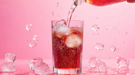 A vibrant image of a fizzy drink being poured over ice in a glass. The cheerful pink background adds a fun touch, perfect for summer refreshment.の素材