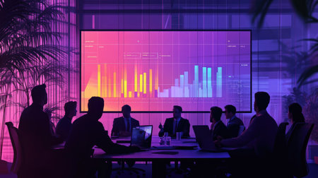 A business meeting scene showcasing a data analysis presentation. Silhouette of professionals engaged in discussion around a modern table with graphs on a screen.の素材