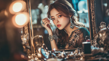 A stunning portrait of a woman captured in a vintage setting, showcasing elegant jewelry and a mesmerizing expression, enhancing the sophisticated atmosphere.の素材