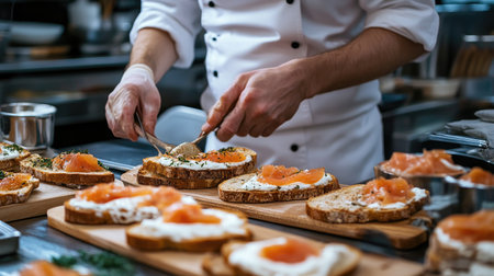 A skilled chef meticulously prepares gourmet smoked salmon toasts in a bustling kitchen, showcasing the artistry of food presentation and culinary expertise.の素材