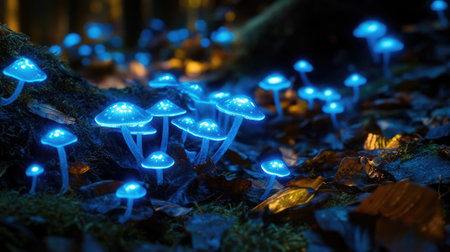 Explore a stunning scene of glowing blue mushrooms nestled in a tranquil forest. This captivating image captures the ethereal beauty of nature's luminescence.の素材