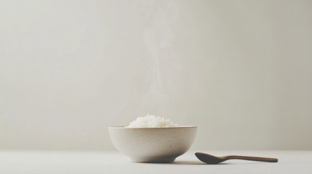 A steaming bowl of freshly cooked white rice showcases its inviting warmth and simplicity. Perfect for culinary presentations or food-related themes.の素材